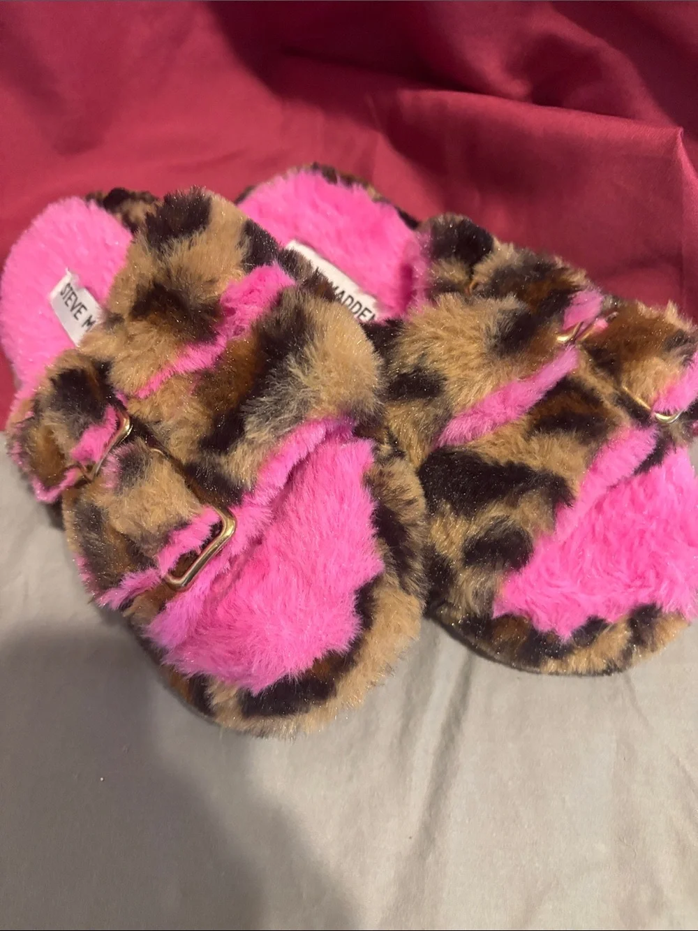 Steve Madden Pink Leopard Fuzzy Slide Slippers for Kids